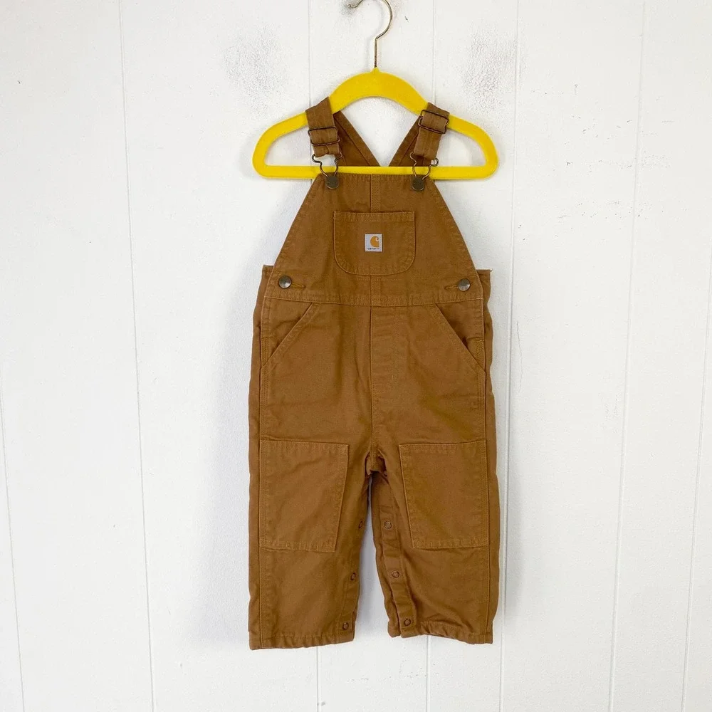 Carhartt Kids Flannel Lined Canvas Bib Overalls Brown Plaid Sz 18M